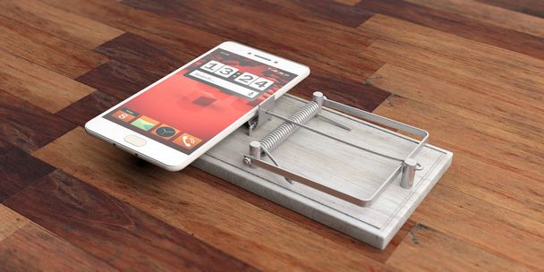 Smartphone en una trampa de ratón aislado sobre fondo de madera. ilustración 3d
 - Foto, imagen