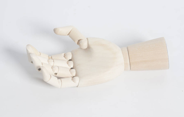 Wooden human hand on  white background - Photo, Image
