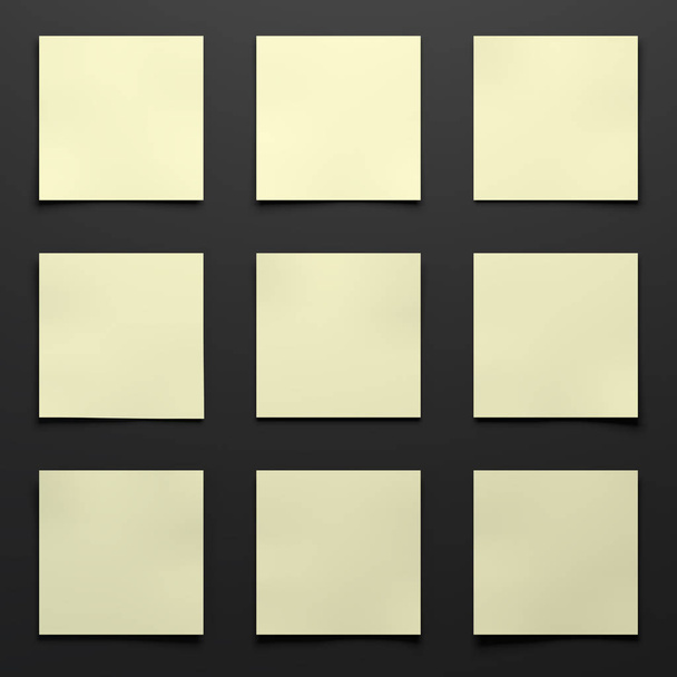 Nueve papeles de notas amarillas claras vacías en la representación 3d de la tabla negra
 - Foto, imagen