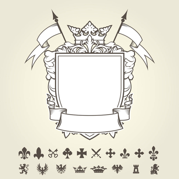 Blank template of coat of arms with shield and set of heraldic s - Vektori, kuva
