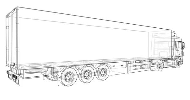 セミトレーラーと大型トラック。グラフィックスを配置するためのテンプレート。3 d レンダリング. - 写真・画像