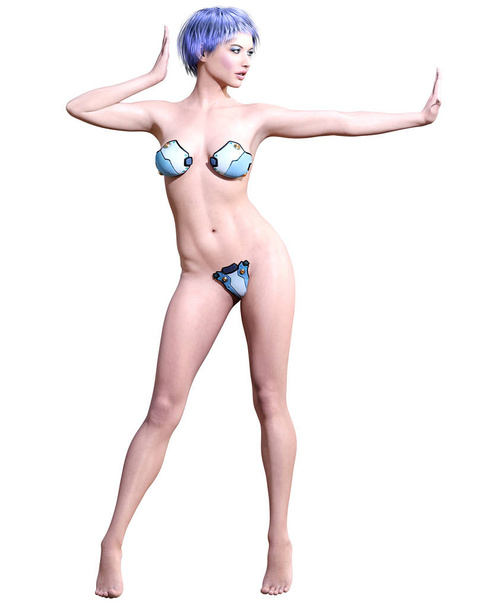 Tall sexy woman in minimalist extravagant sexy metall lingerie. Thongs bra strap and panties. Conceptual fashion art. Seductive candid pose. Realistic 3D render illustration. Studio, high key. - Fotó, kép