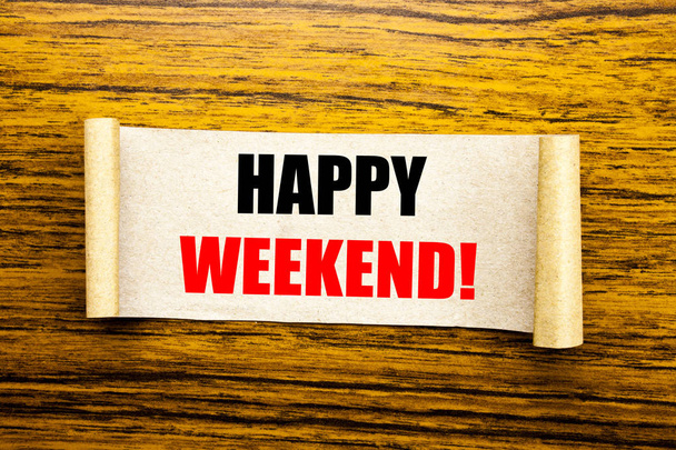 Hand writing text caption inspiration showing Heppy Weekend . Business concept for Weekend Message written on sticky note paper on the wooden background. - Photo, Image