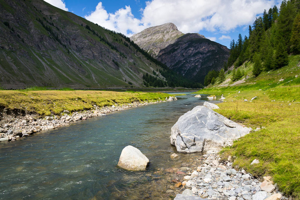 Spol River flowing in Lake Livigno with Corno Brusadella Mountain in background, Italy, sunny summer day - Fotoğraf, Görsel