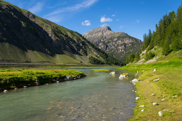 Río Spol fluye en el lago Livigno con la montaña Corno Brusadella en el fondo, Italia, día de verano soleado
 - Foto, Imagen
