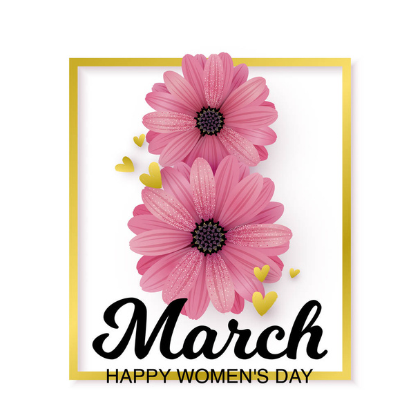 Vector illustration, 8 March international holiday card with realistic flower. Happy women's day text. - Vector, imagen