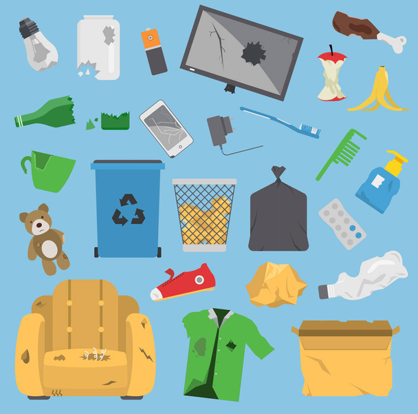 Riciclaggio rifiuti vettore elementi spazzatura sacchetti rifiuti gestione pneumatici ecologia industria spazzatura utilizzare il concetto. La carta ecologica dei rifiuti di immondizia può imbottigliare scatola di smaltimento del riciclaggio
 - Vettoriali, immagini