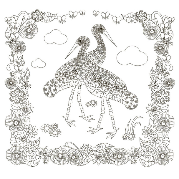 Scarabocchio disegnato a mano due cicogne in cornice floreale, illustrazione vettoriale anti stress in bianco e nero per la pagina da colorare, per la stampa, per il web
 - Vettoriali, immagini