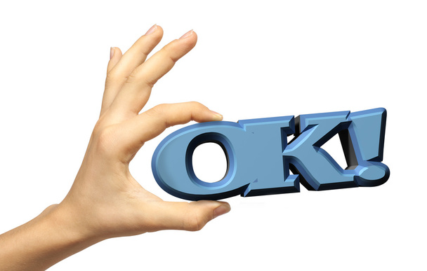 Hand is showing OK sign isolated on a white background and hold 3D text - Φωτογραφία, εικόνα