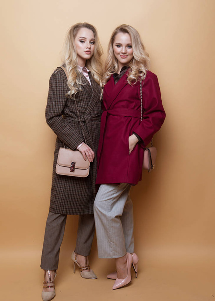  fashion portrait of two girls, best friends posing indoor on beige background wearing winter stylish coat.  - Foto, Imagen