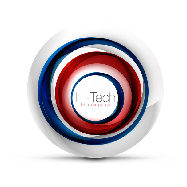 Banner web digital tecno esfera, botón o icono con texto. Diseño de círculo abstracto de color remolino brillante, símbolo futurista de alta tecnología con anillos de color y elemento metálico gris
 - Vector, imagen