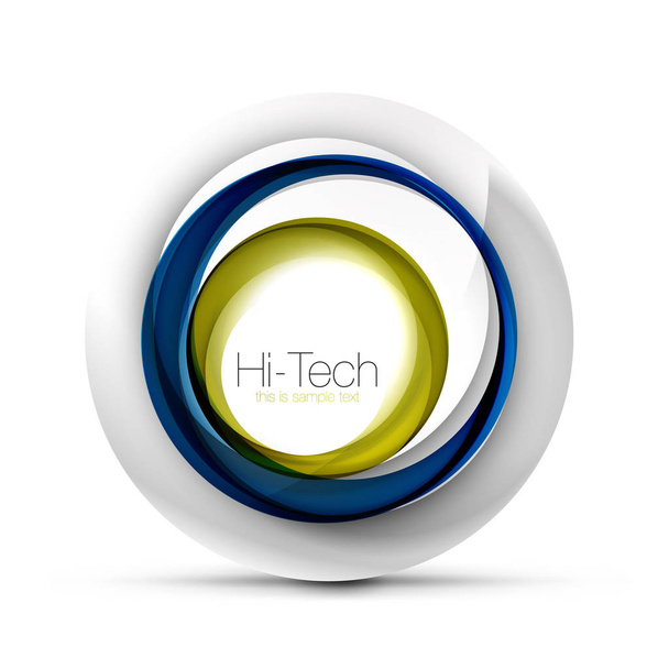 Digitale techno bol webbanner, knop of pictogram met tekst. Glanzende swirl kleur abstracte cirkel ontwerp, hi-tech futuristische symbool met kleur ringen en grijs metalen element - Vector, afbeelding