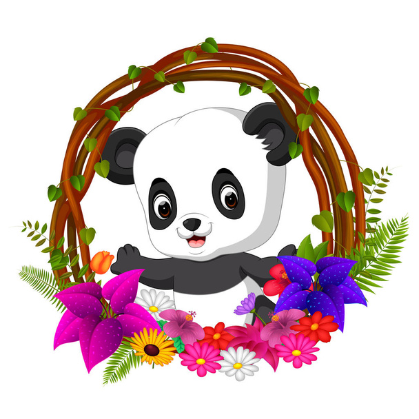 cute panda in root of tree frame with flower - Вектор,изображение