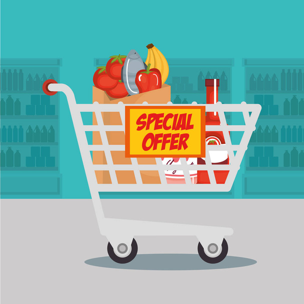 supermarket groceries in shopping cart - Vector, Image