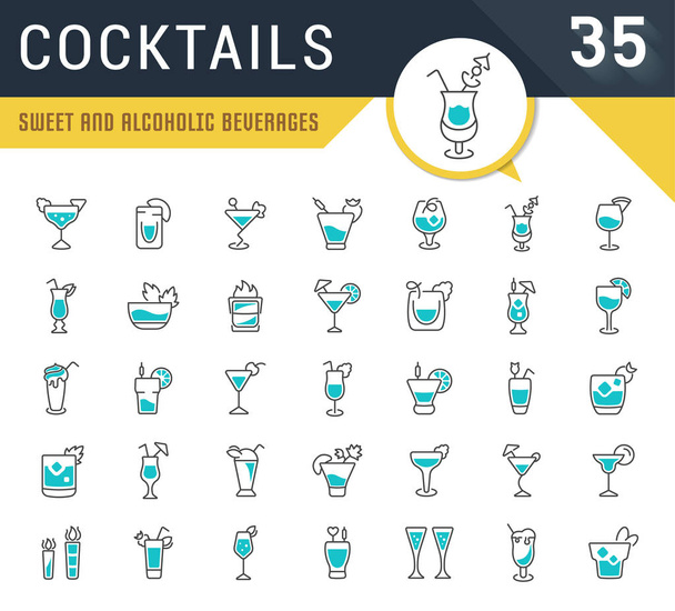 Set Vector Line Icons of Cocktails. - Vector, Image
