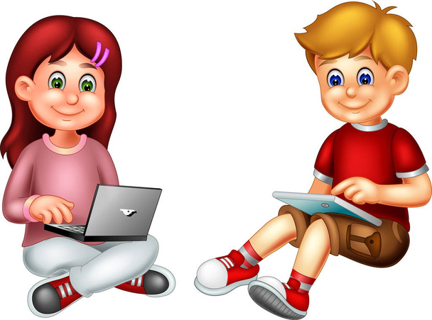cute boy and girl cartoon sitting with learn togather - Photo, Image