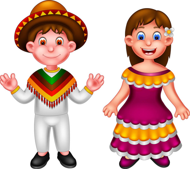 dulce chico y chica de dibujos animados de pie usando traje mexicano con sonrisa y saludos
 - Foto, imagen