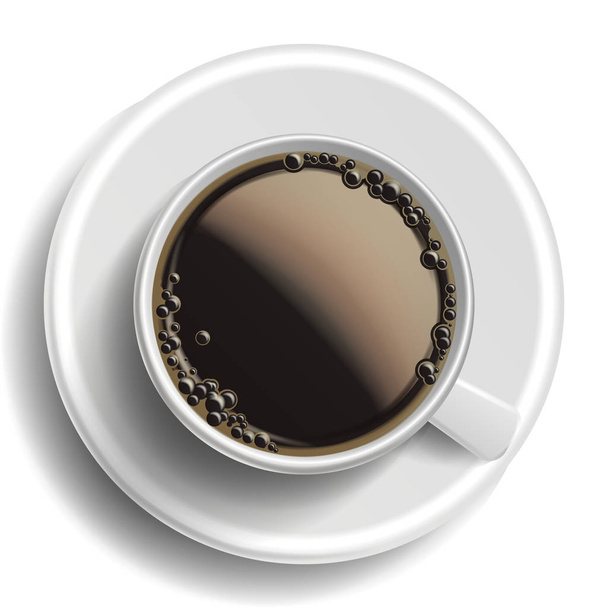 Coffee Cup Vector. Top View. Hot Americano Coffee. Espresso Fast Food Cup Beverage. Bubbles. White Mug. Realistic Isolated Illustration - Вектор,изображение