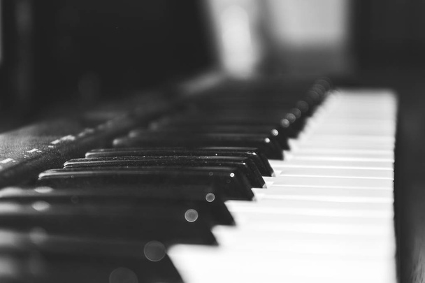 Black and white piano keys, side view. Selective focus. The conc - Foto, immagini