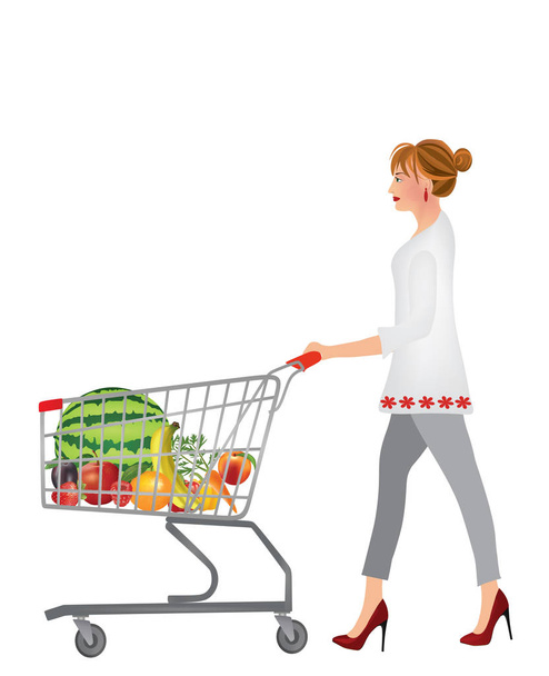 Γυναίκας που ωθεί ένα ψώνια καλάθι γεμάτο φρούτα και λαχανικά, διάνυσμα - Διάνυσμα, εικόνα