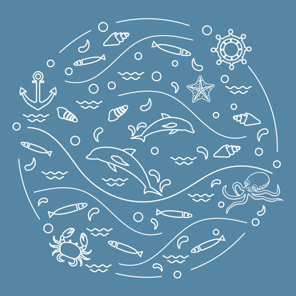 Cute vector illustration with dolphins, octopus, fish, anchor, h - Vektori, kuva