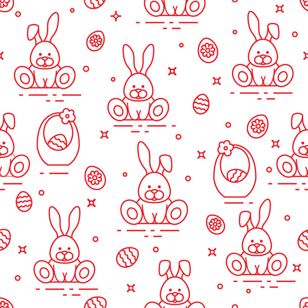 Pattern with Easter rabbits, eggs, baskets. - Vector, imagen