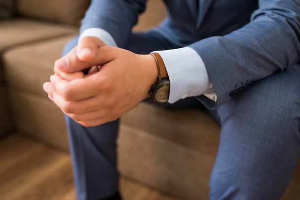 Man's watch on hand. Classic men's accessories and style. - 写真・画像