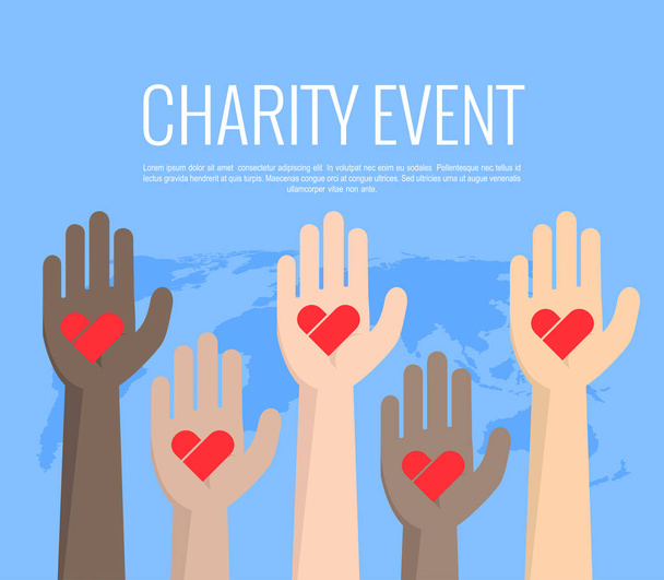 Charity event, hands raised in different colors, heart in the palm of your hand - Vector, Image