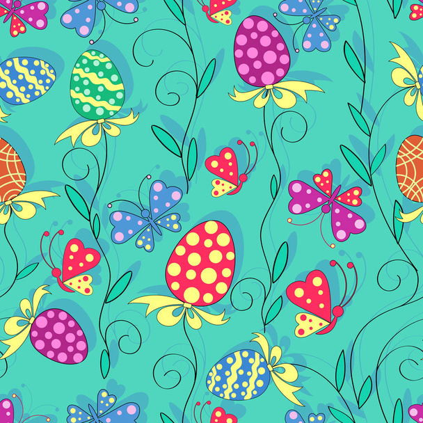 Easter pattern with plant elements, painted eggs and butterflies.  - Vector, imagen