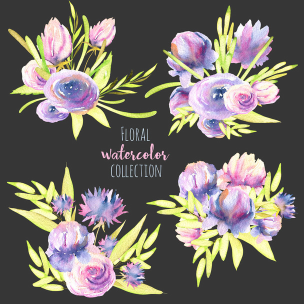 Watercolor purple and pink peonies, roses and asters bouquets set, hand drawn isolated on a dark background - Photo, Image