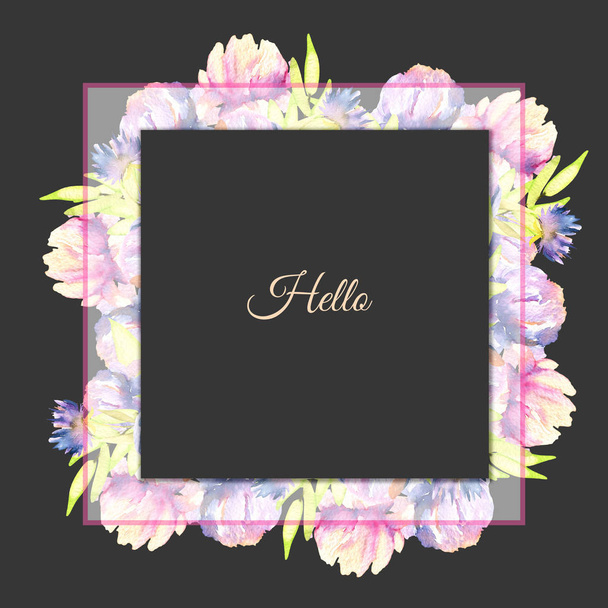 Watercolor pink and purple peonies frame, hand painted on a dark background - Photo, Image