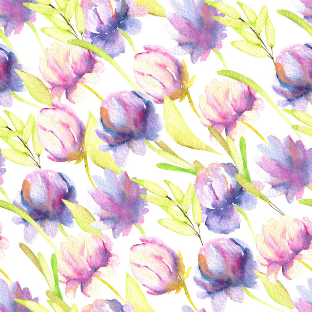 Watercolor pink and purple peonies, green leaves seamless pattern, hand painted on a white background - Photo, Image