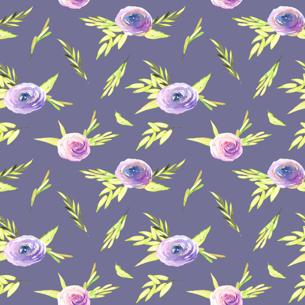 Watercolor pink and purple roses, green branches seamless pattern, hand drawn on a blue background - Photo, Image