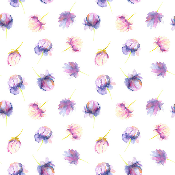 Watercolor pink and purple peonies seamless pattern, hand painted on a white background - Photo, Image