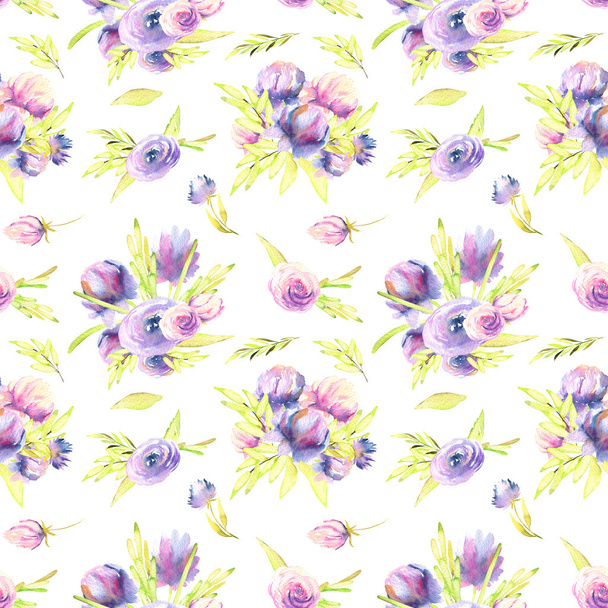 Watercolor purple peonies and roses bouquets seamless pattern, hand painted on a white background - Photo, Image