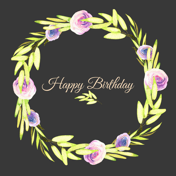Akwarela różowe i fioletowe róże i zielonymi gałązkami wieniec, pozdrowienie szablon karty, ręcznie malowane na ciemnym tle, Happy Birthday karta projekt - Zdjęcie, obraz