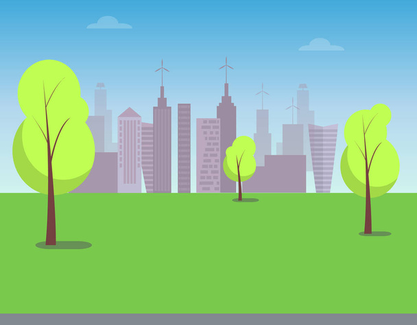 Blick auf die moderne Stadt vom grünen Park, Farbplakat - Vektor, Bild