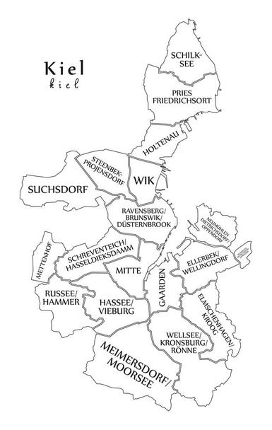 Mapa de la ciudad moderna - Kiel ciudad de Alemania con distritos y títulos
  - Vector, imagen