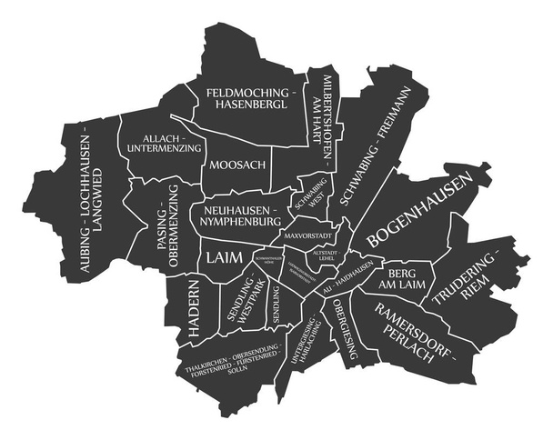 Mapa de la ciudad de Munich Alemania DE etiquetado ilustración en negro
 - Vector, imagen
