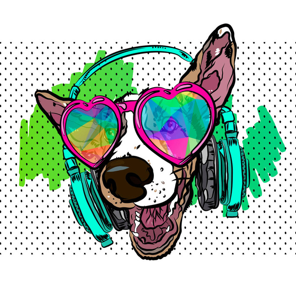 Colorful vector poster with dog on t-shirt. Dog wearing glasses and earphones. - Wektor, obraz