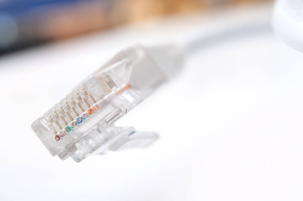 Ethernet Rj45 beyaz ağ kablosu beyaz Resepsiyon arka plan üzerinde - Fotoğraf, Görsel