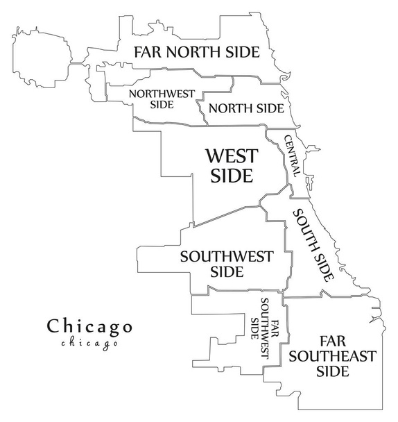 moderner Stadtplan - Chicagoer Stadt der USA mit Stadtbezirken und Titel - Vektor, Bild