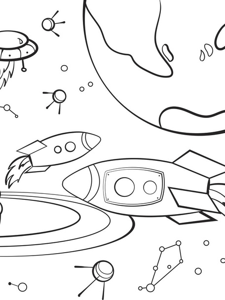 Espaço de transporte, foguete no céu. Nuvens e vetor de astronauta. Desenhos animados crianças para colorir, preto e branco
 - Vetor, Imagem
