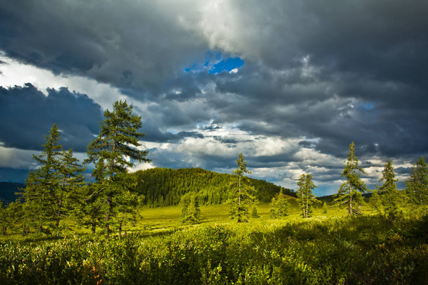 Красивий вид на снігові гори і зелене поле з сонячним світлом і небом в штормі
 - Фото, зображення