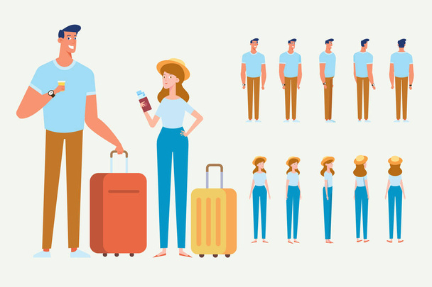 Mensen reizen ontwerp. Gelukkige paar reizen samen. Glimlachende man bedrijf paspoort klaar voor vakantie reizen op de luchthaven. Platte vectorillustratie. Characterdesign. - Vector, afbeelding