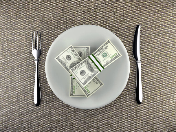 Пачки долларов подаются на тарелке
 - Фото, изображение
