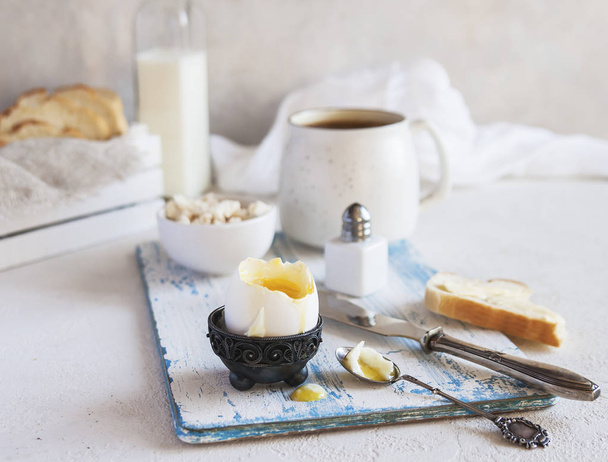 A homemade Breakfast with soft-boiled egg, cottage cheese and to - Фото, зображення