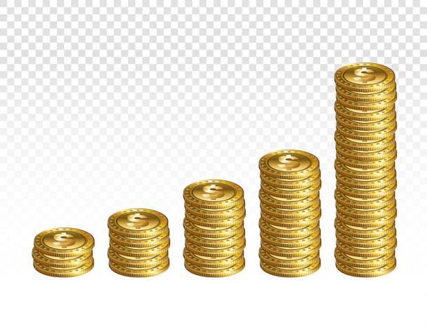 Стопки монет с реальными золотыми долларами изолированы на прозрачном фоне
 - Вектор,изображение