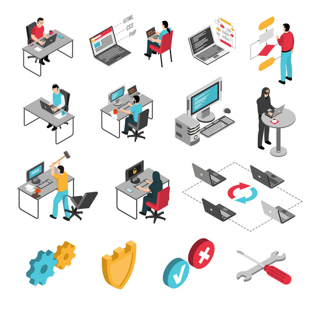 Programmers Work Isometric Icons Set  - Vector, Image