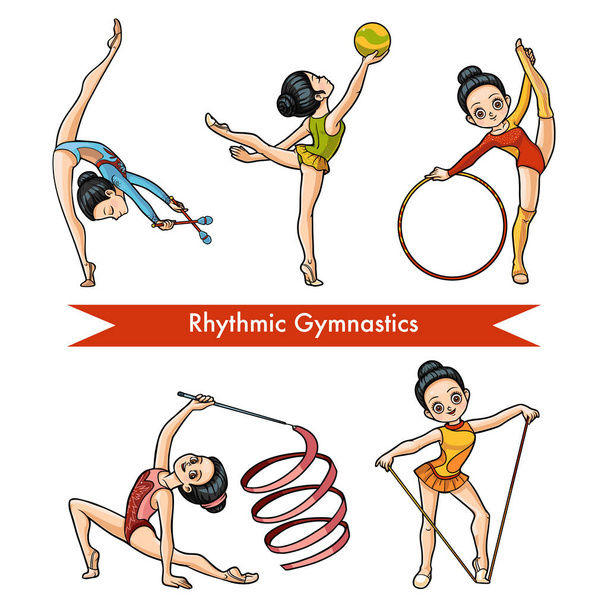 Ensemble vectoriel de gymnastique rythmique. Cartoon girl avec la balle, avec des clubs, ruban, corde à sauter et cerceau
 - Vecteur, image